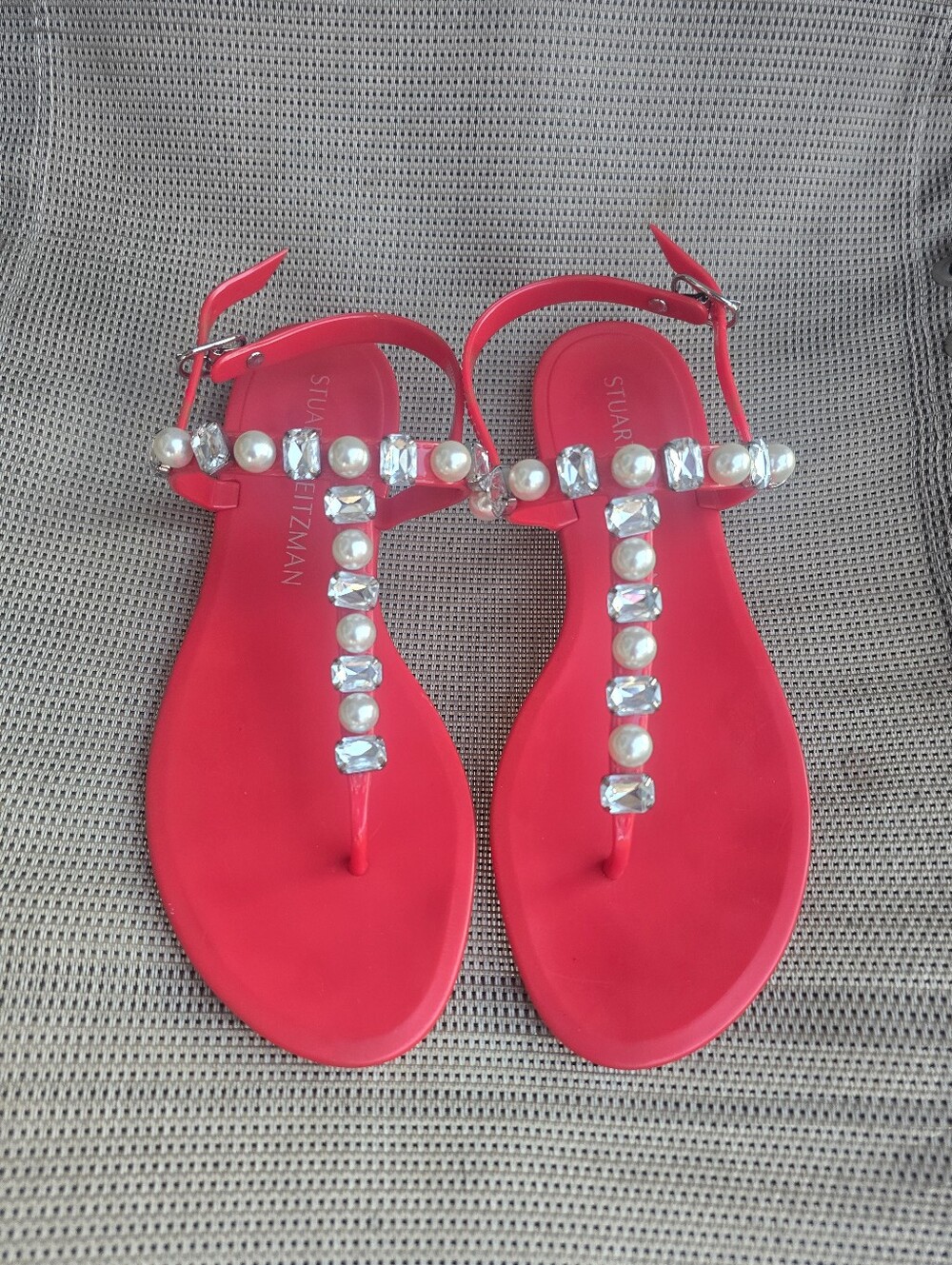Stuart Weitzman Bright Red Jeweled T-Strap Sandals